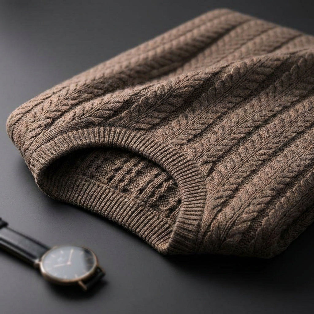 Men's crew neck jumper in a vertical cable knit with ribbed trims - view 8
