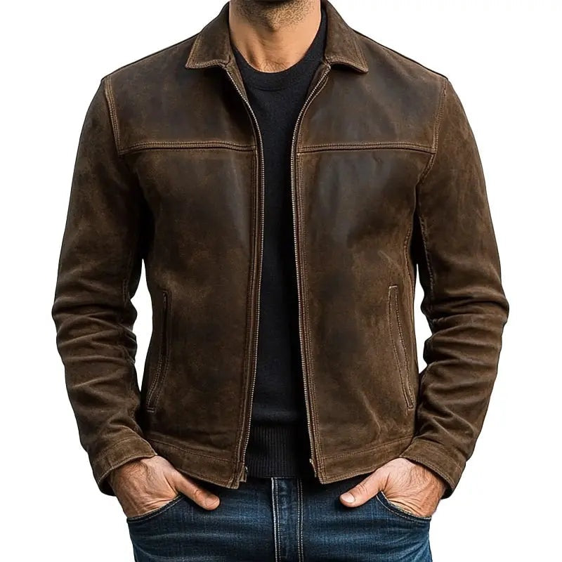 Men's vintage faux suede jacket with a shirt collar and full-length zip - brown