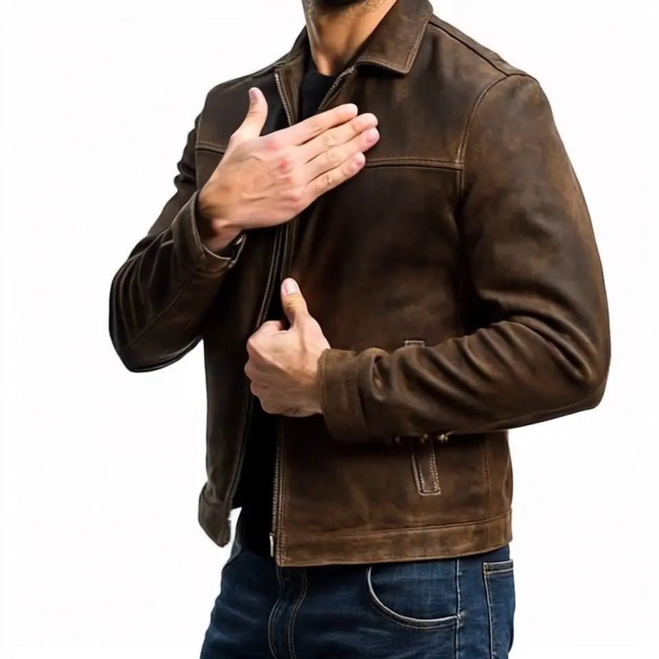 Men's vintage faux suede jacket with a shirt collar and full-length zip - view 2