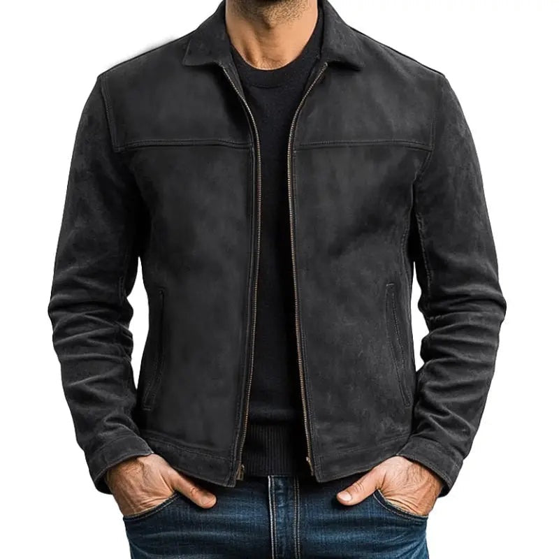 Men's vintage faux suede jacket with a shirt collar and full-length zip - black