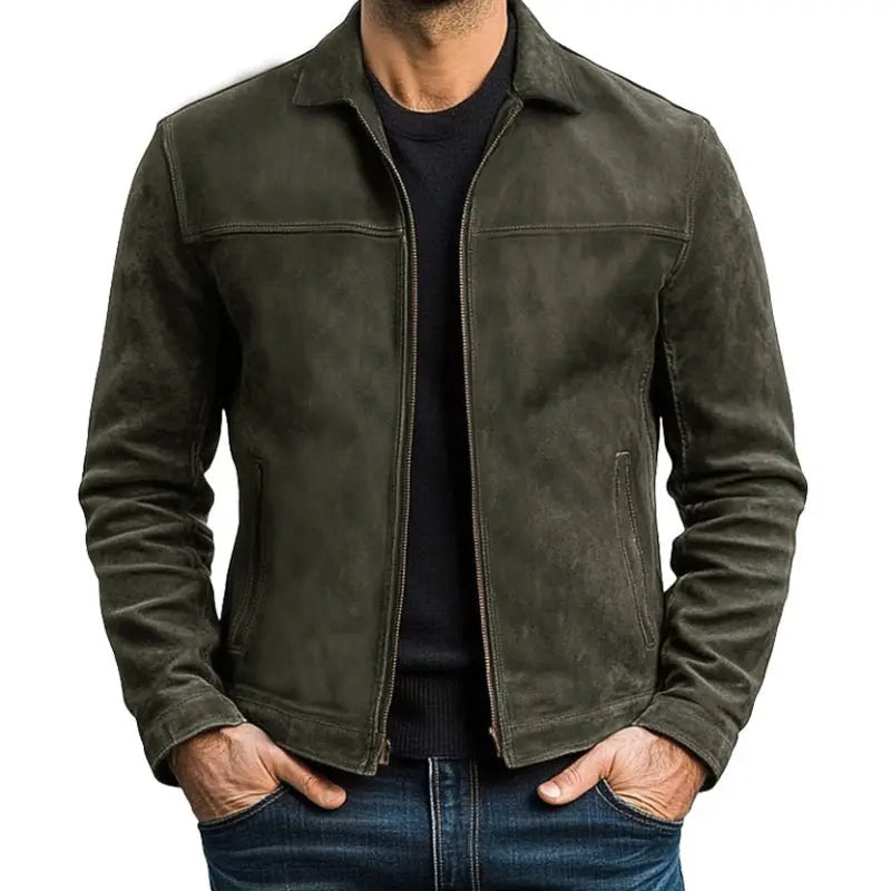 Men's vintage faux suede jacket with a shirt collar and full-length zip - army green