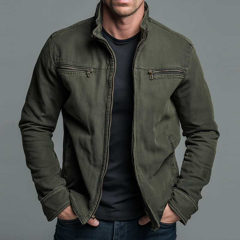 Vintage zip jacket for men with stand collar, full zip and two zipped chest pockets - army green