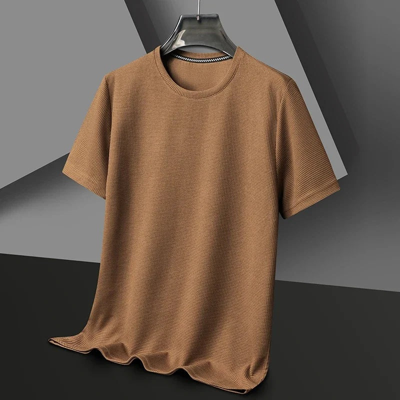Men's waffle texture T-shirt with a crew neck - camel