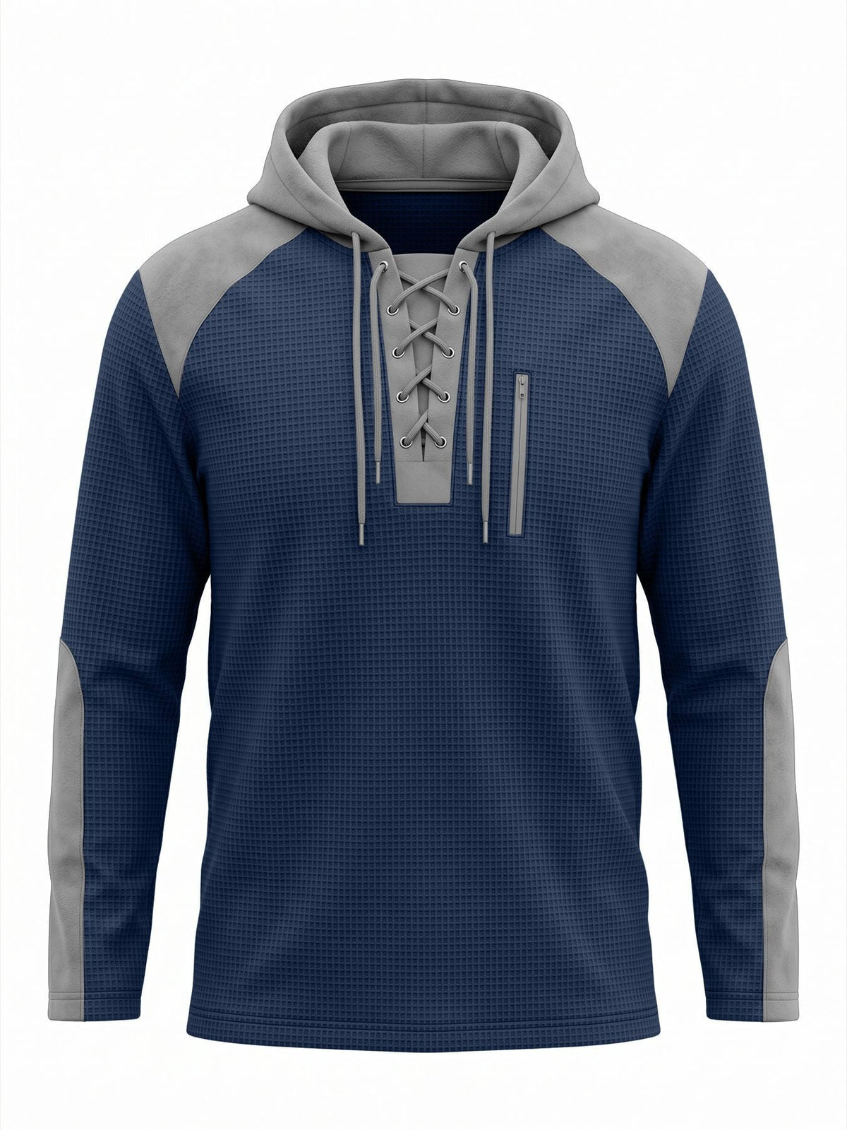 Men's waffle-texture hoodie with a lace-up neck and chest pocket - navy