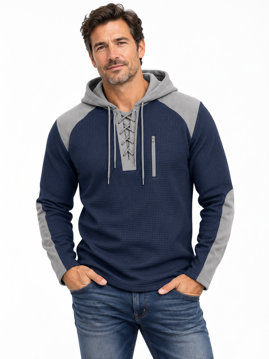 Men's waffle-texture hoodie with a lace-up neck and chest pocket