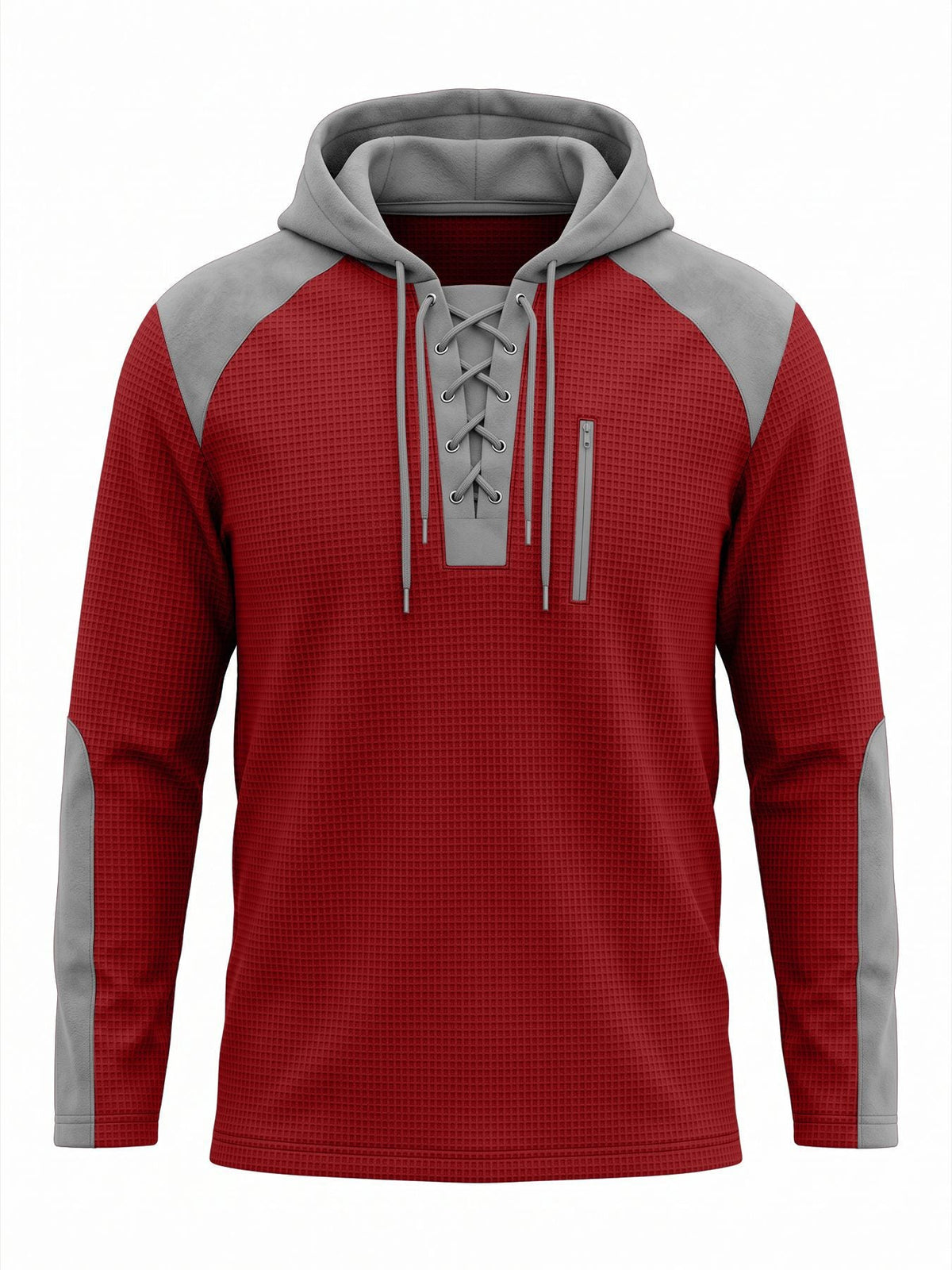 Men's waffle-texture hoodie with a lace-up neck and chest pocket - red