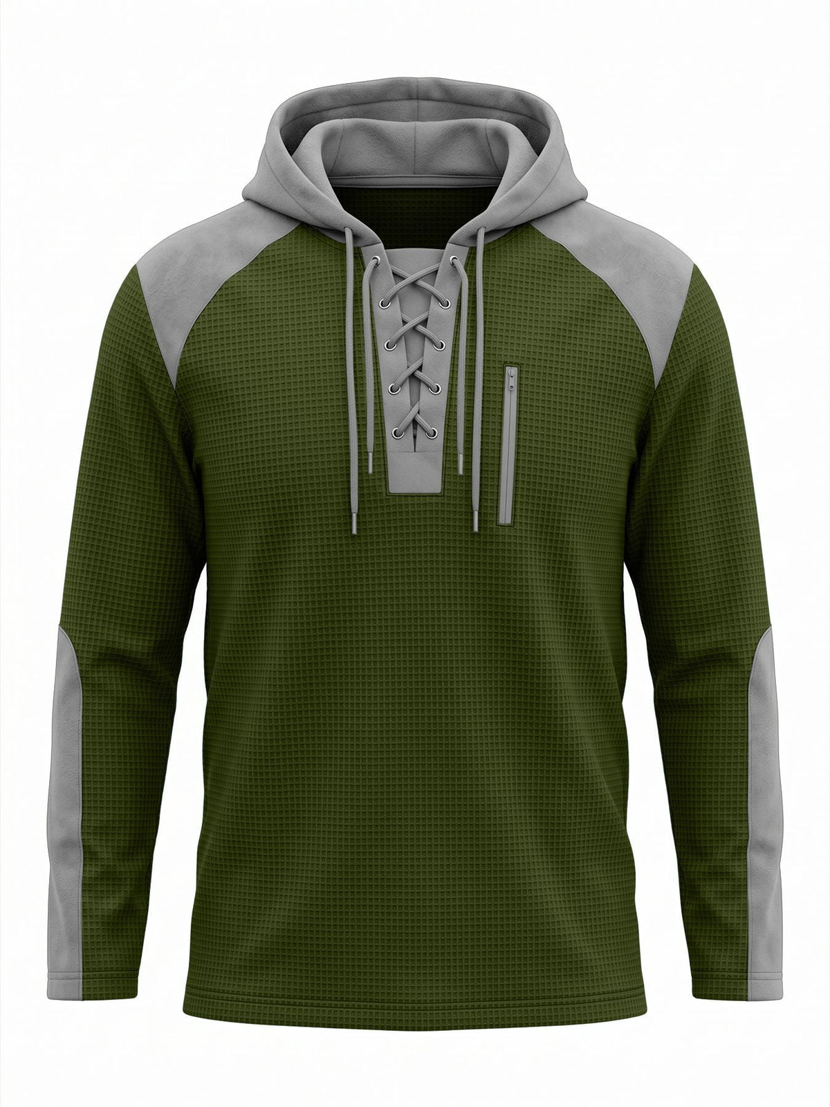 Men's waffle-texture hoodie with a lace-up neck and chest pocket - olive
