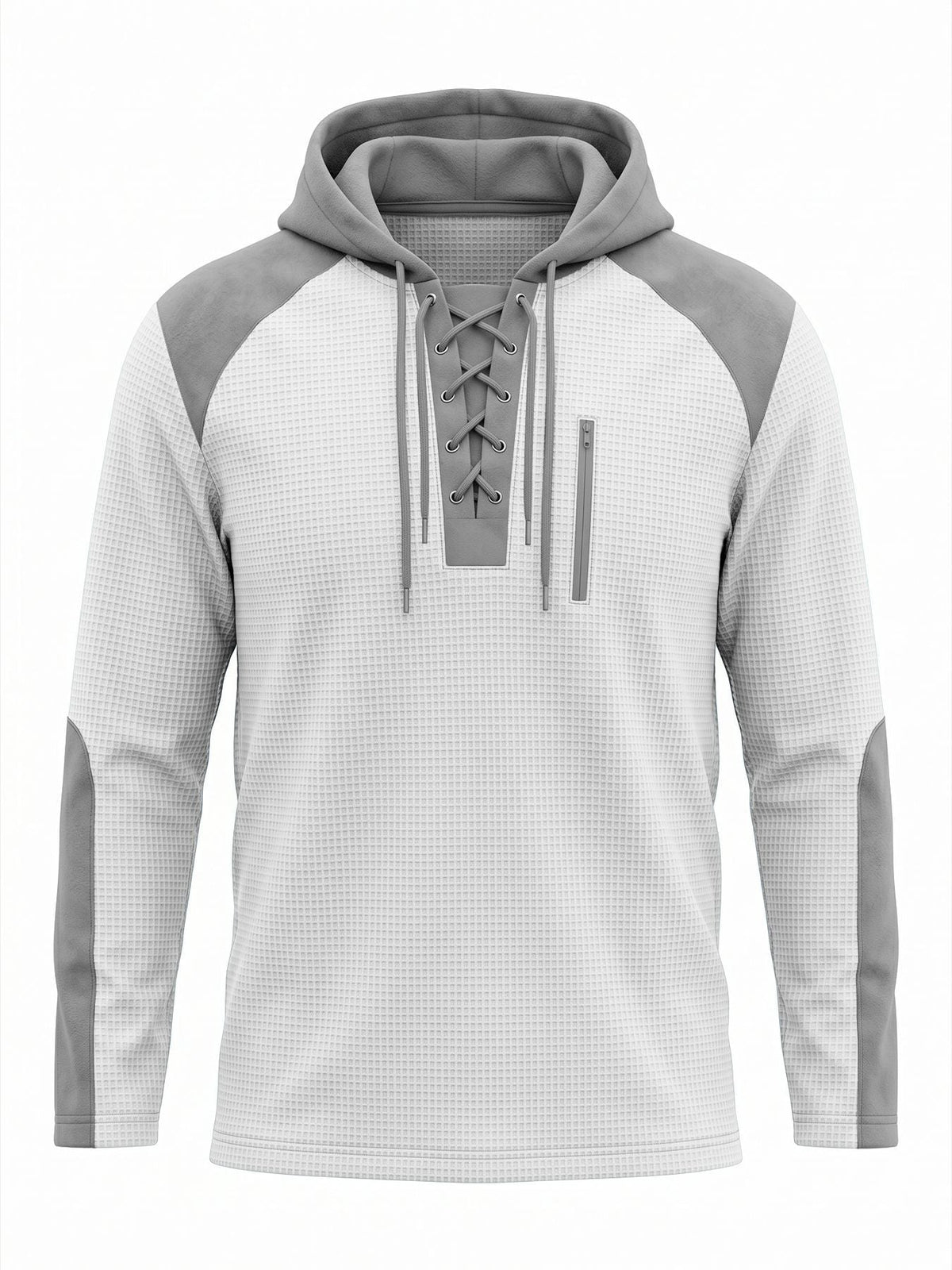 Men's waffle-texture hoodie with a lace-up neck and chest pocket - white