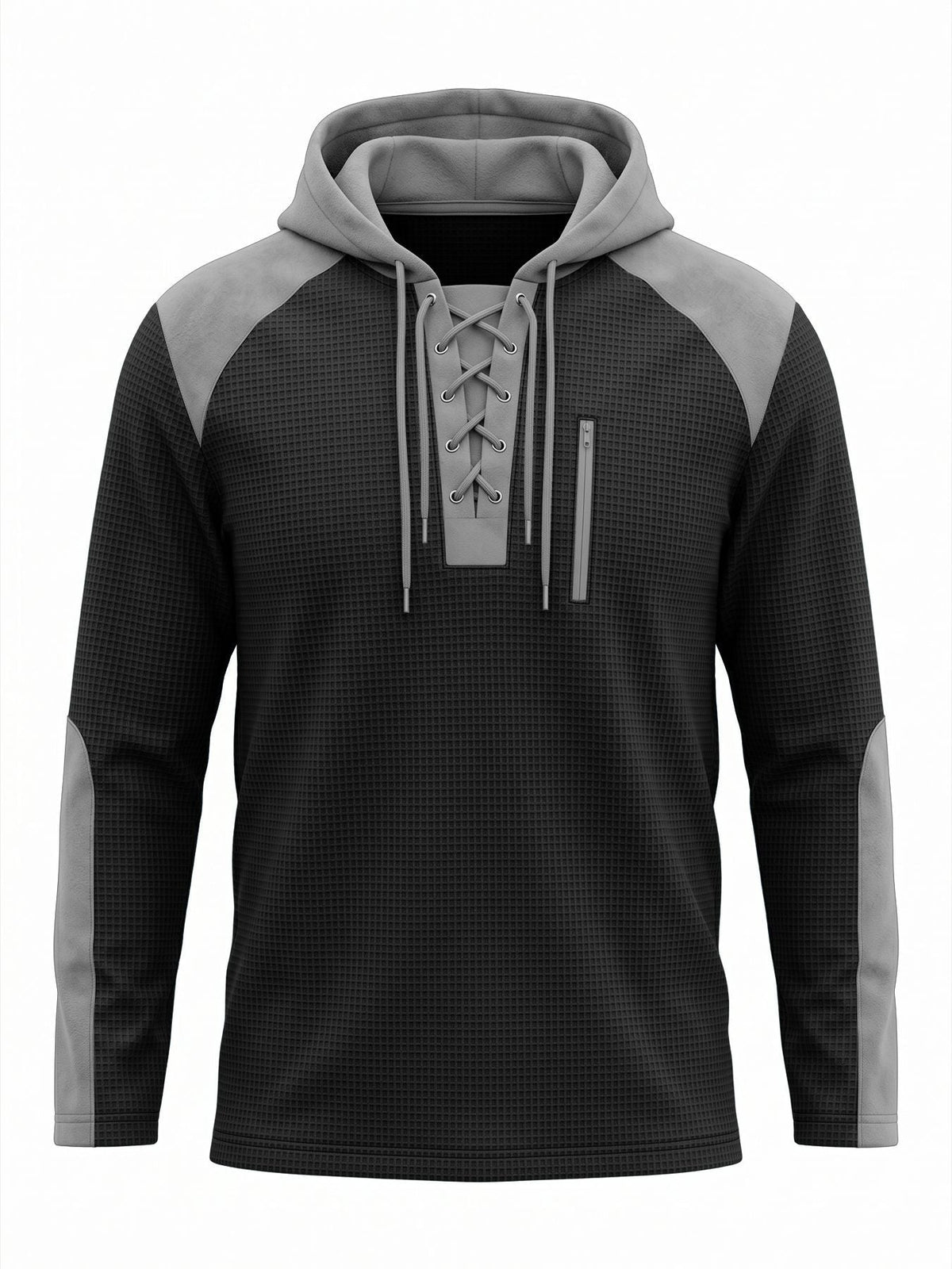 Men's waffle-texture hoodie with a lace-up neck and chest pocket - black