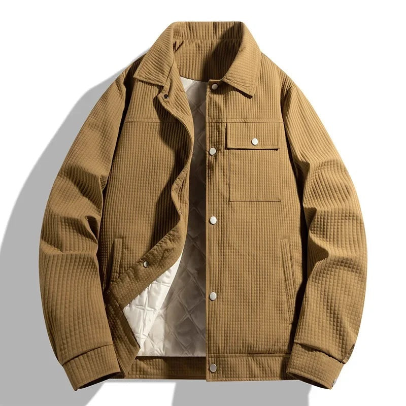 Men's waffle-texture jacket with a point collar, press studs and quilted lining - camel