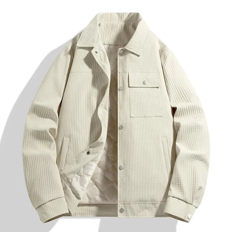 Men's waffle-texture jacket with a point collar, press studs and quilted lining - ecru