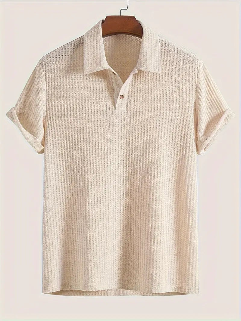 Men's waffle texture polo with a shirt collar and rolled sleeves - ecru