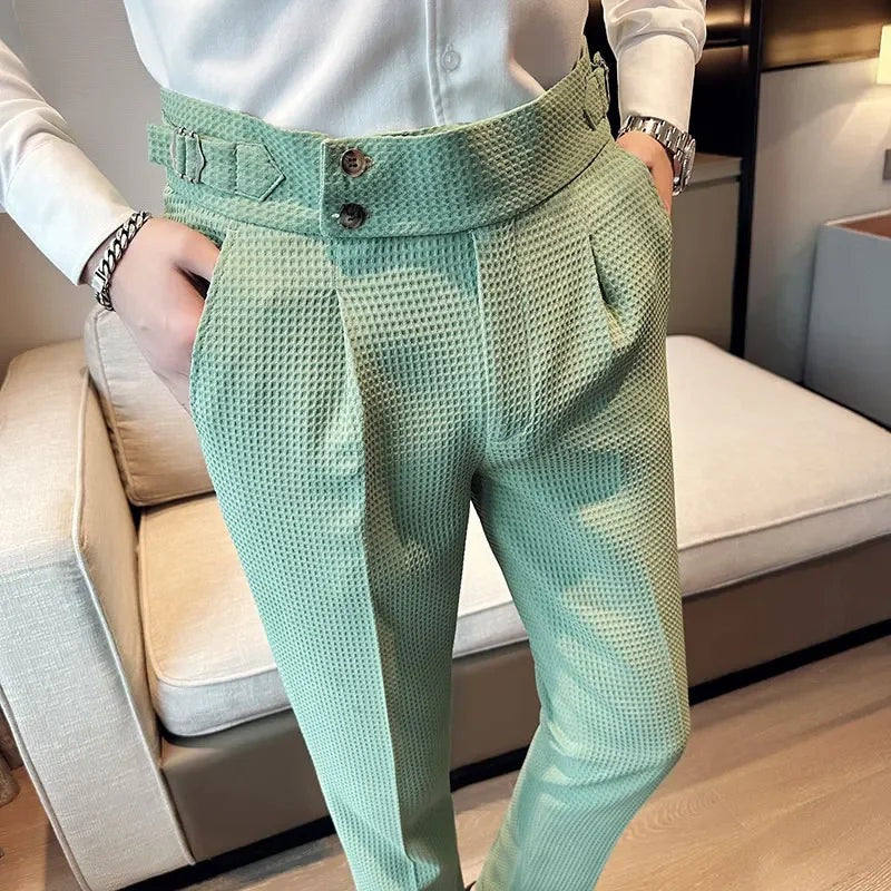 Men's waffle texture trousers with a high waist and adjustable side tabs - mint green