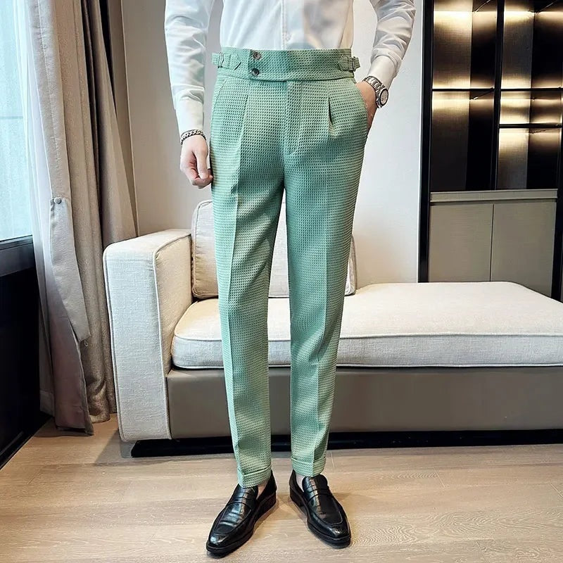 Men's waffle texture trousers with a high waist and adjustable side tabs - view 2
