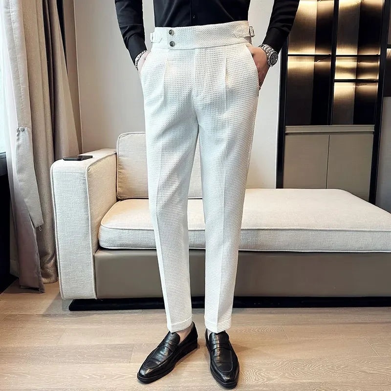 Men's waffle texture trousers with a high waist and adjustable side tabs - view 4