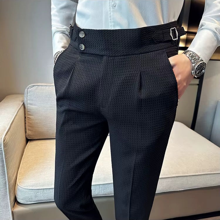 Men's waffle texture trousers with a high waist and adjustable side tabs - black