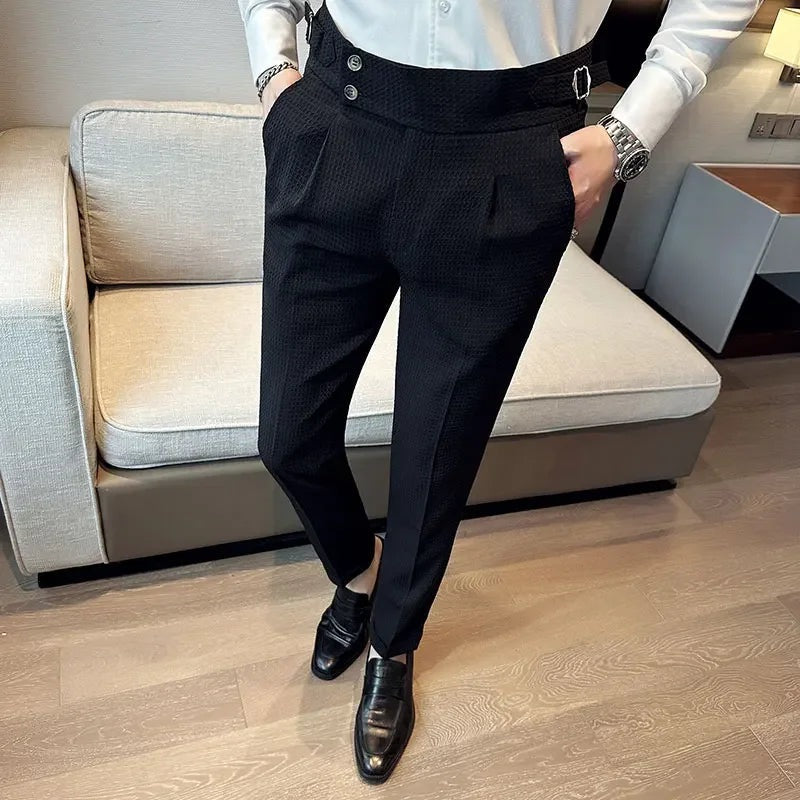 Men's waffle texture trousers with a high waist and adjustable side tabs - view 6