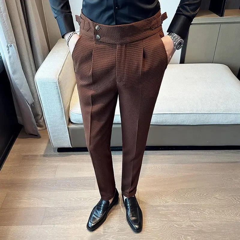 Men's waffle texture trousers with a high waist and adjustable side tabs - view 8