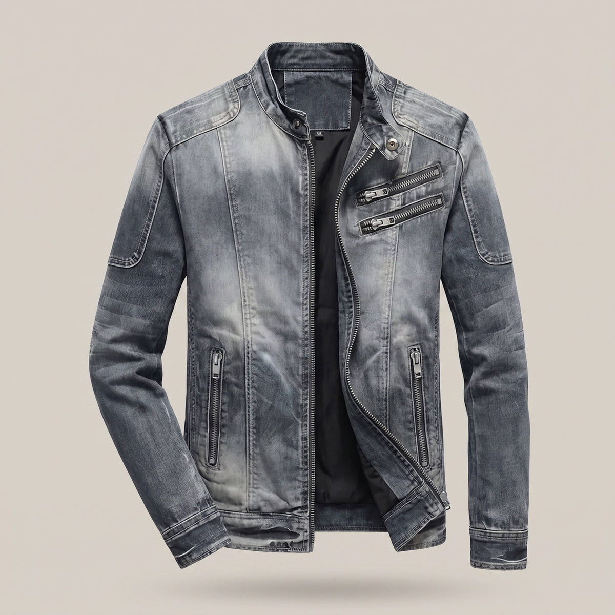 Men's washed grey denim jacket with a stand collar and angled zips - grey