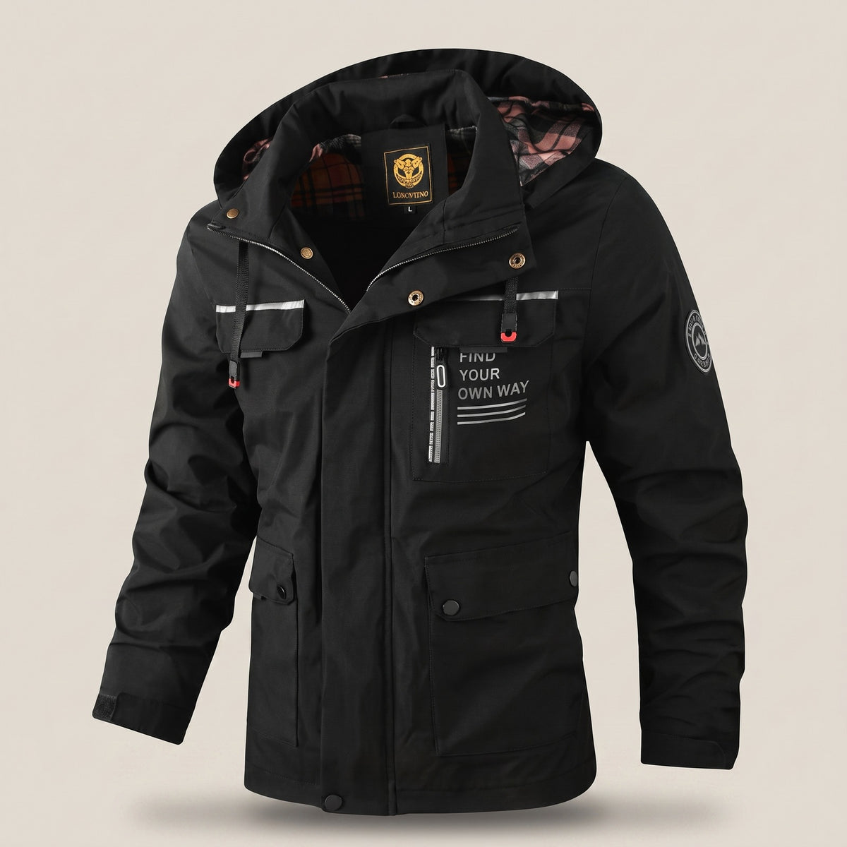 Men's water-repellent hooded jacket with flap pockets - black