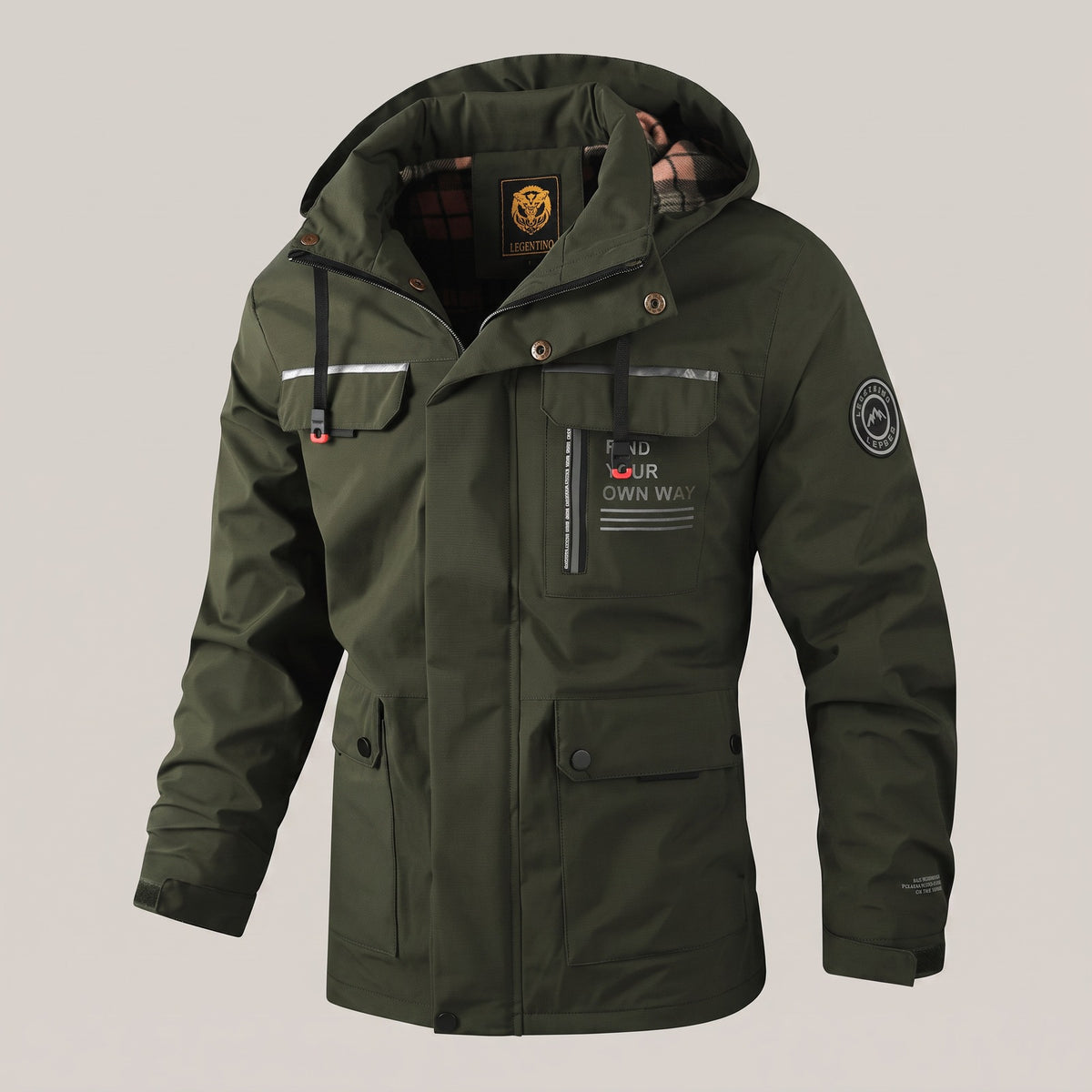Men's water-repellent hooded jacket with flap pockets - army green