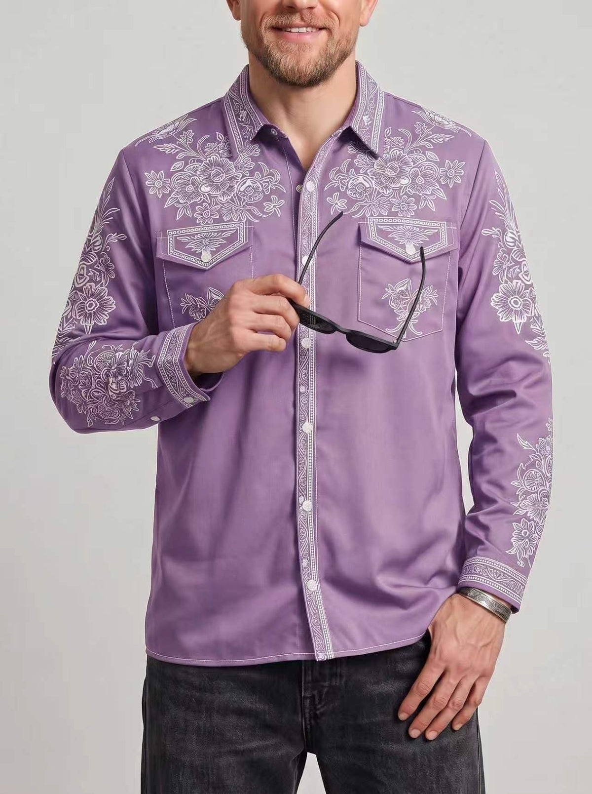 Men's western shirt with a floral print and chest pockets with flaps - lilac