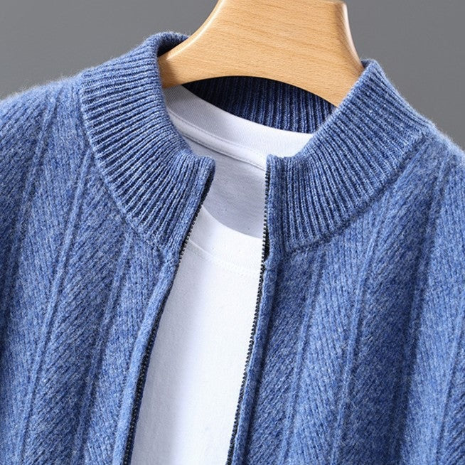 Men's wheat-ear knit zip cardigan with a ribbed stand collar - view 6