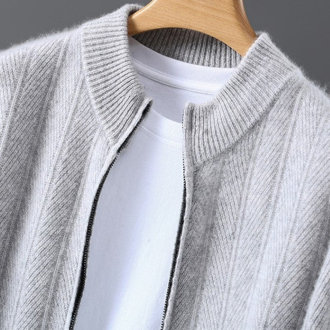Men's wheat-ear knit zip cardigan with a ribbed stand collar - view 7