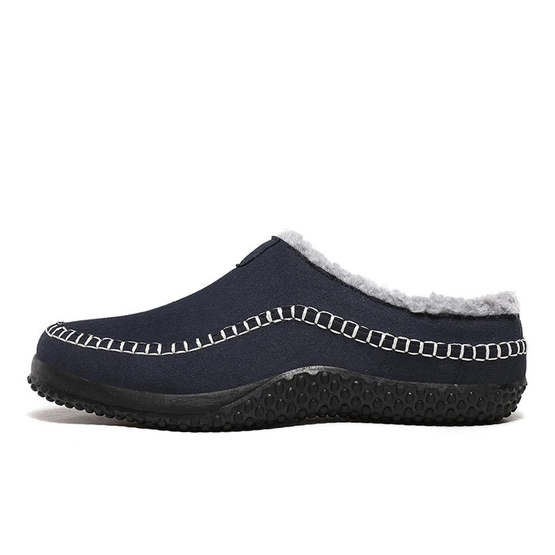 Men's mule slippers in a suede look with teddy lining and whipstitch trim along the sole - navy