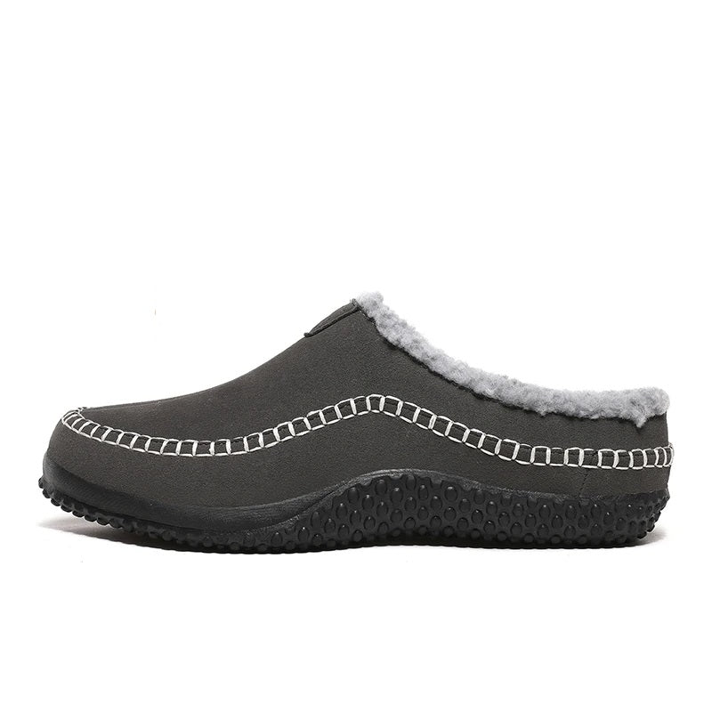Men's mule slippers in a suede look with teddy lining and whipstitch trim along the sole - grey
