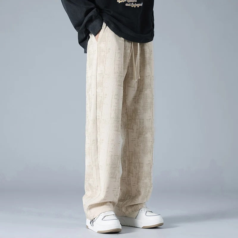 Men's wide-leg corduroy trousers with a marbled look and a drawcord waist - view 2