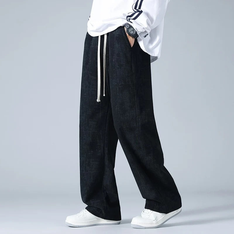 Men's wide-leg corduroy trousers with a marbled look and a drawcord waist - black