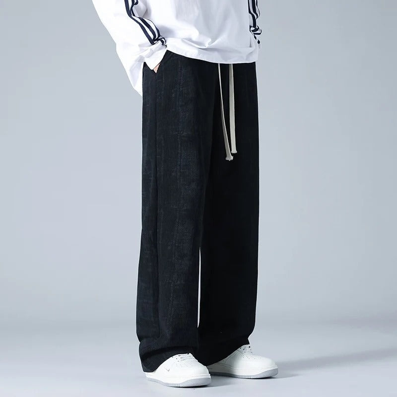 Men's wide-leg corduroy trousers with a marbled look and a drawcord waist - view 4
