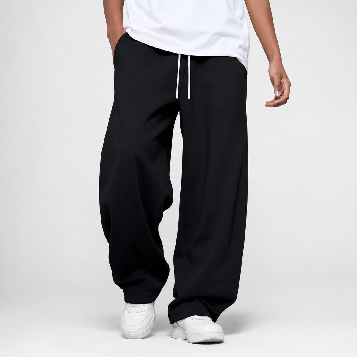 Men's wide-leg joggers with a straight leg and drawcord waist - black