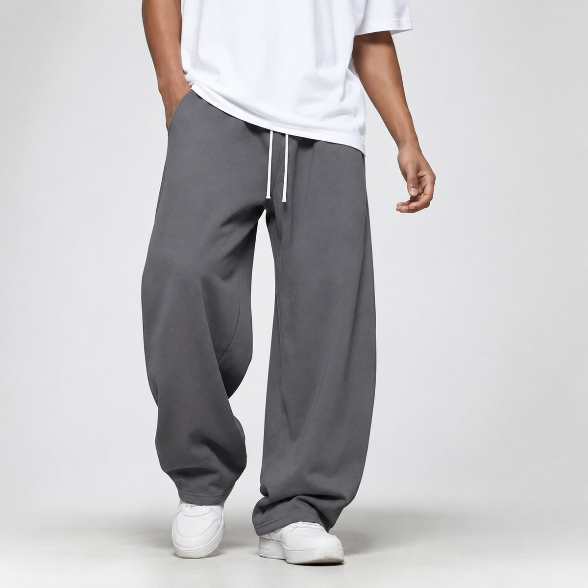 Men's wide-leg joggers with a straight leg and drawcord waist - dark grey