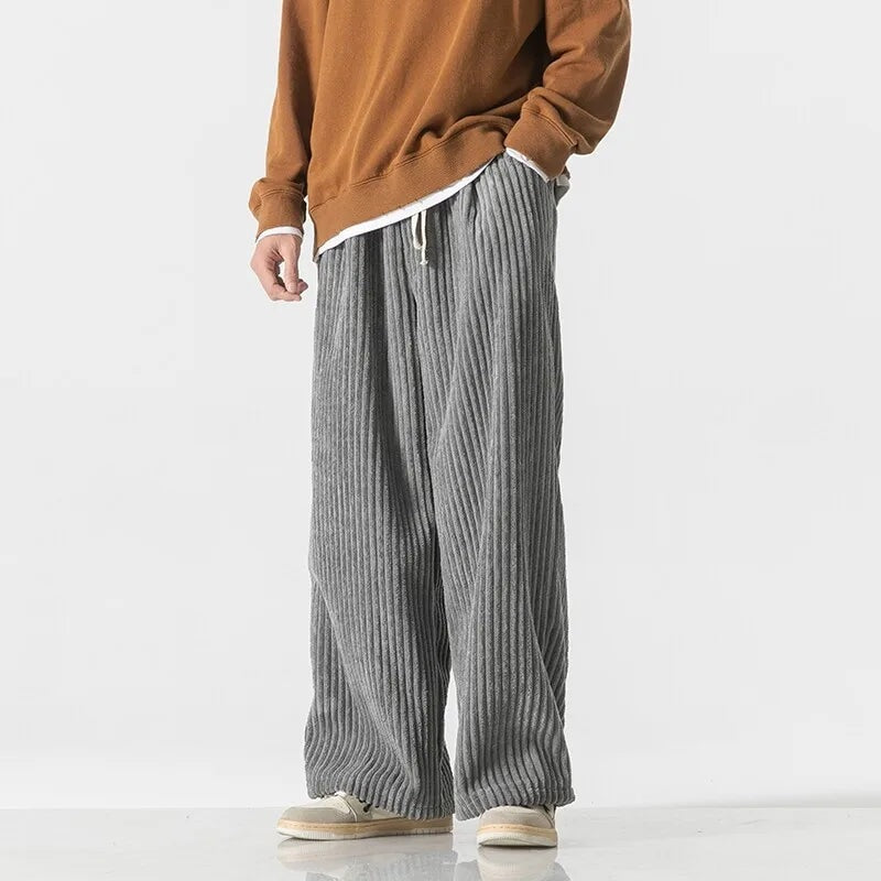 Men's wide-leg jumbo cord trousers with a drawcord waist and patch back pocket - grey
