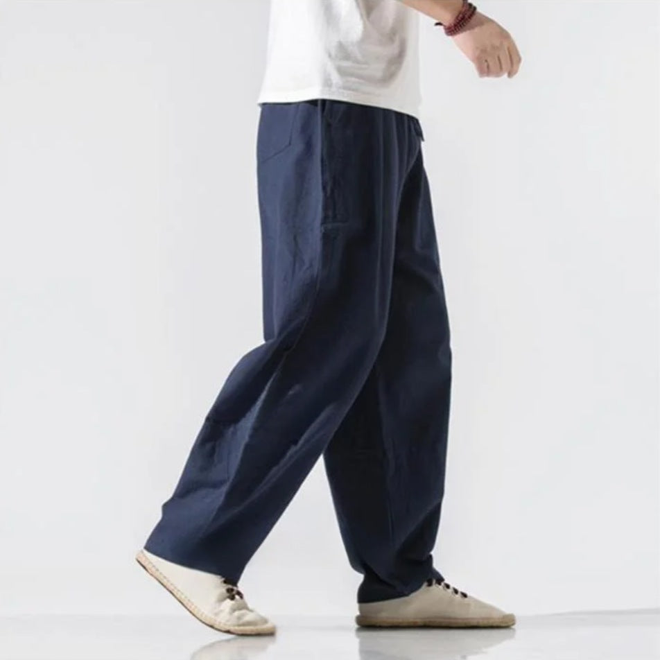 Men's wide-leg linen blend trousers with an elasticated drawstring waist and pleats - view 2