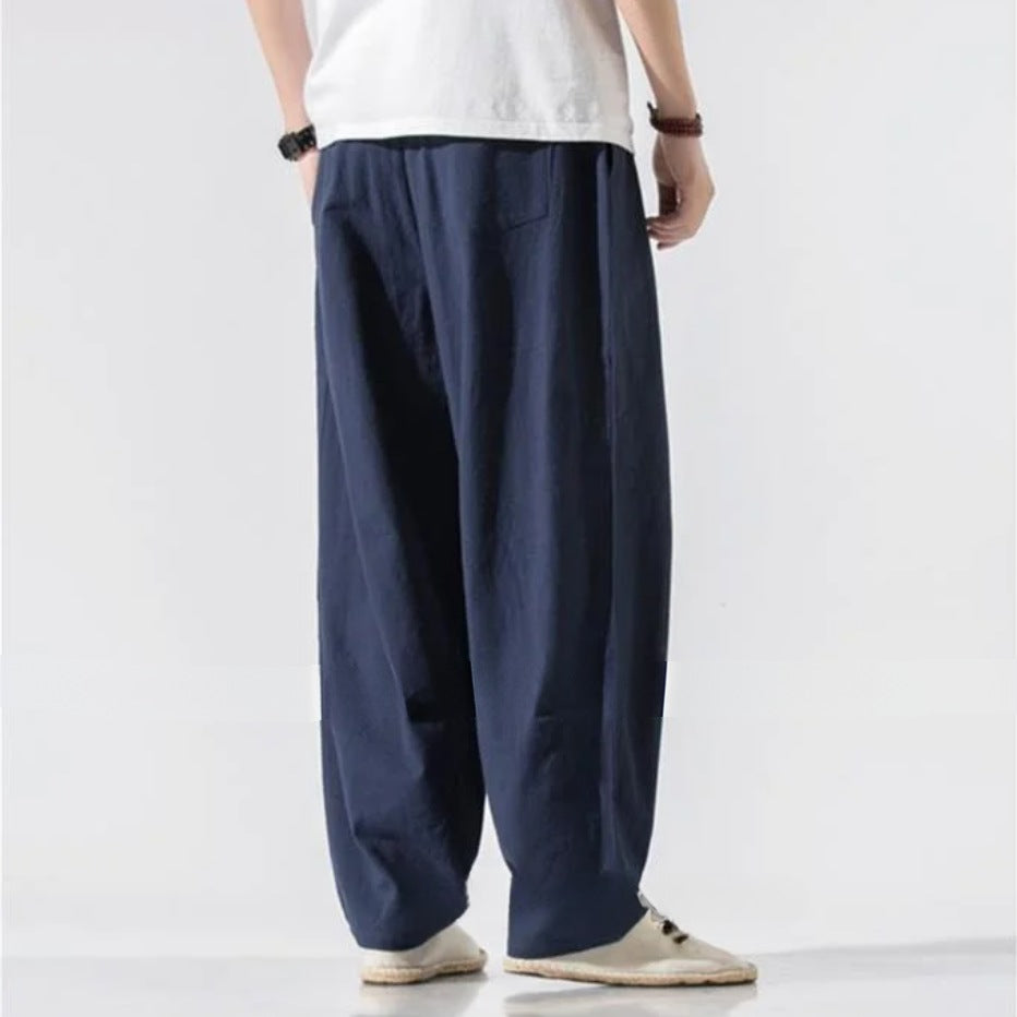 Men's wide-leg linen blend trousers with an elasticated drawstring waist and pleats - view 3