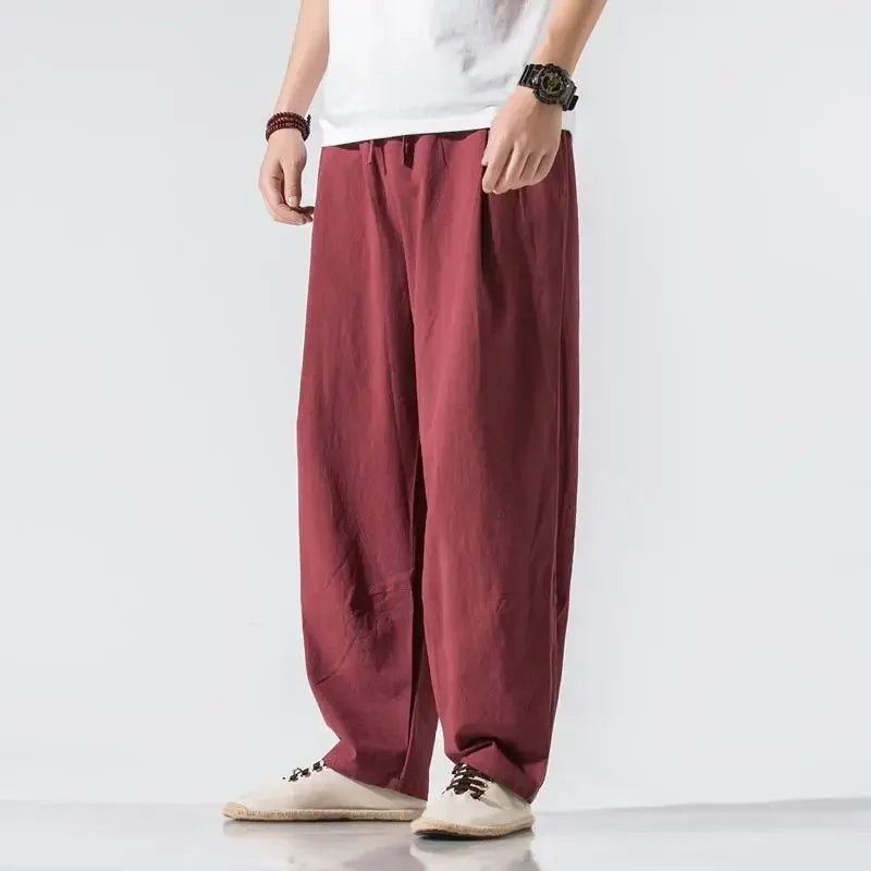 Men's wide-leg linen blend trousers with an elasticated drawstring waist and pleats - view 6