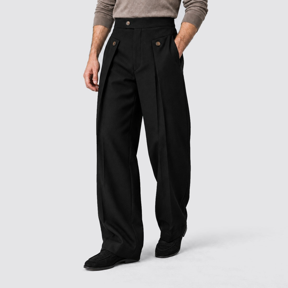 Men's wide-leg pleated trousers with a high waist and buttoned tabs - black