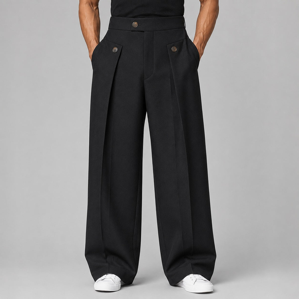 Men's wide-leg pleated trousers with a high waist and buttoned tabs - view 6