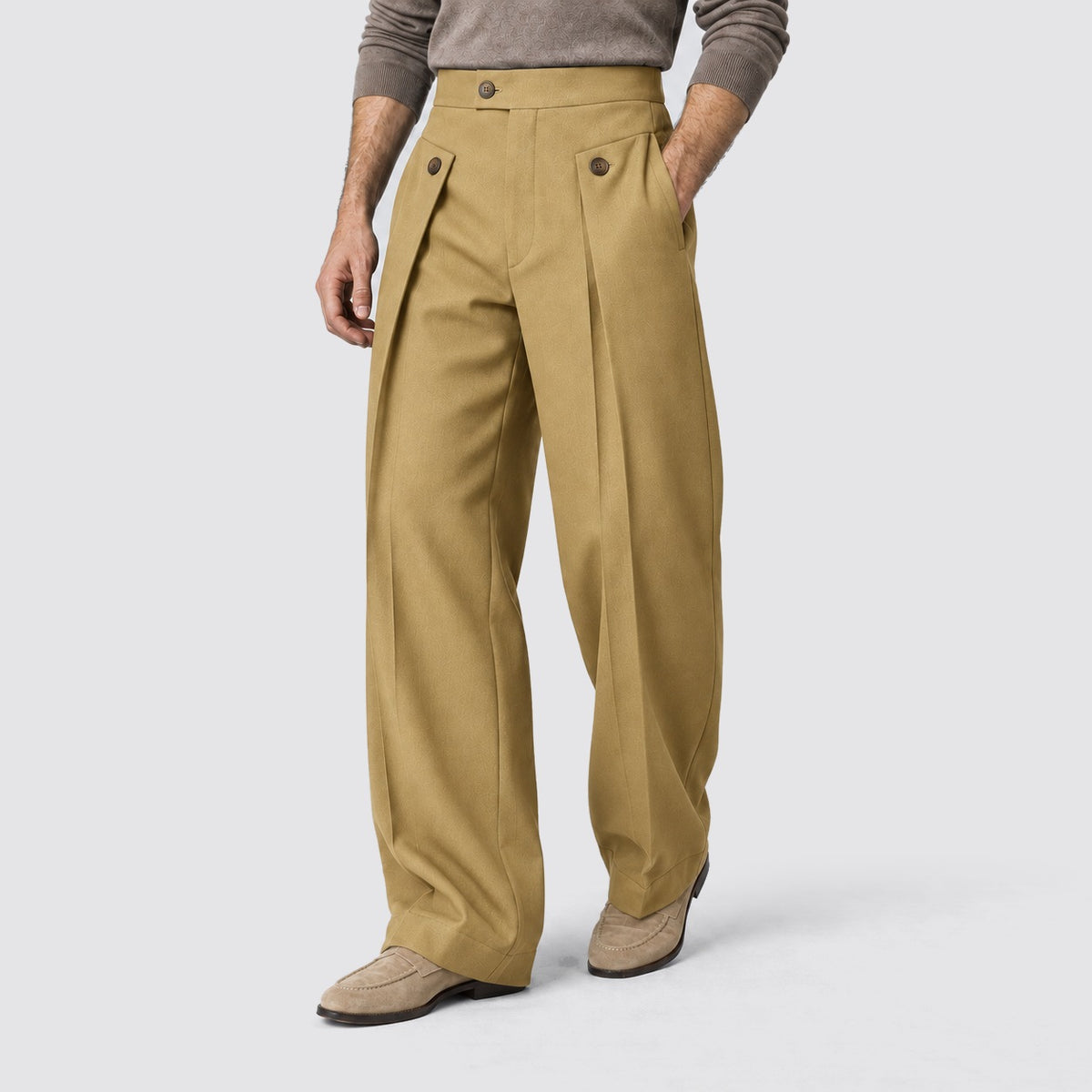 Men's wide-leg pleated trousers with a high waist and buttoned tabs - ochre