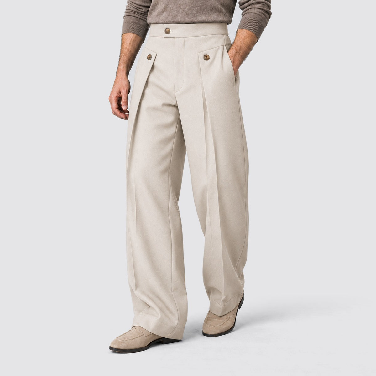 Men's wide-leg pleated trousers with a high waist and buttoned tabs - light beige
