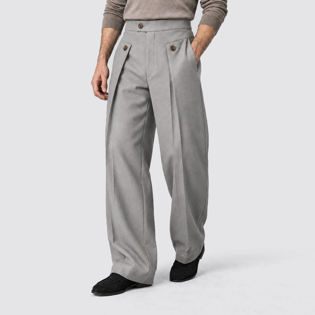Men's wide-leg pleated trousers with a high waist and buttoned tabs - grey