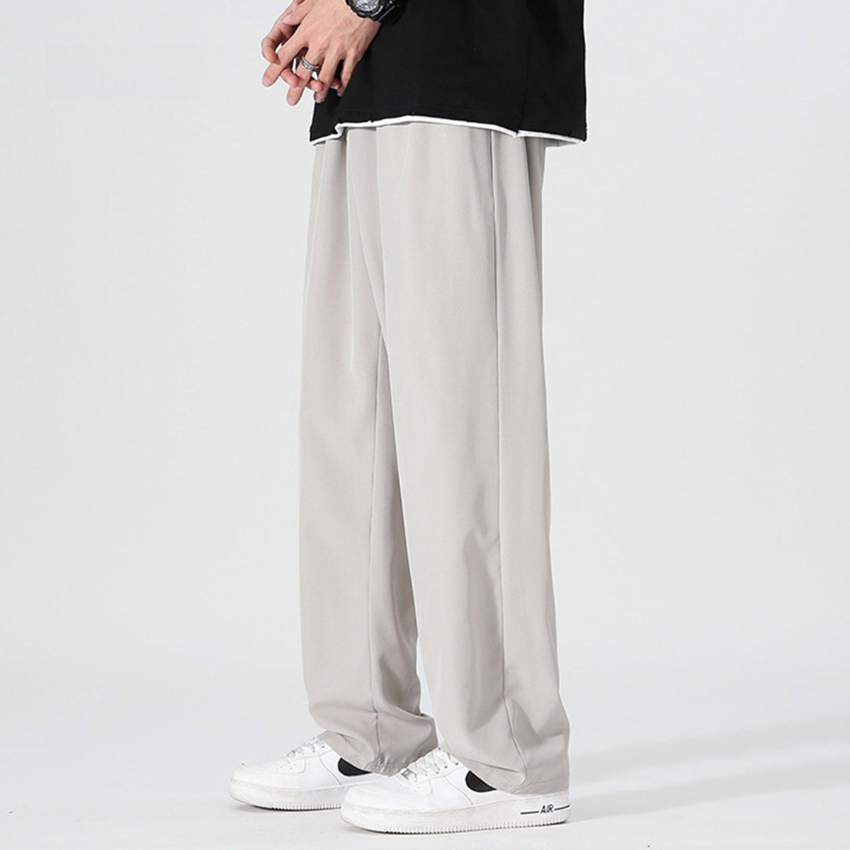 Men's wide-leg trousers with an elasticated waist and a pleat down the front of the leg - light grey