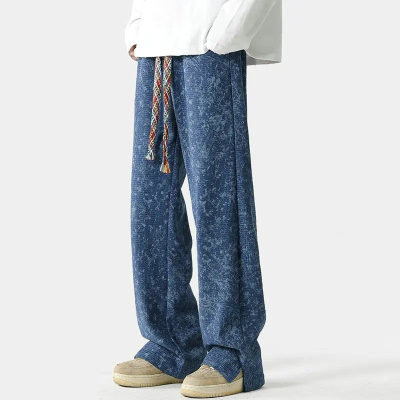 Men's wide-leg trousers with a washed mottled print, braided drawcord and split hems - blue