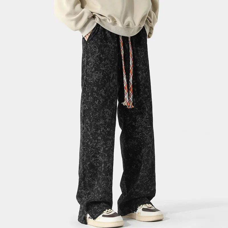 Men's wide-leg trousers with a washed mottled print, braided drawcord and split hems - view 4