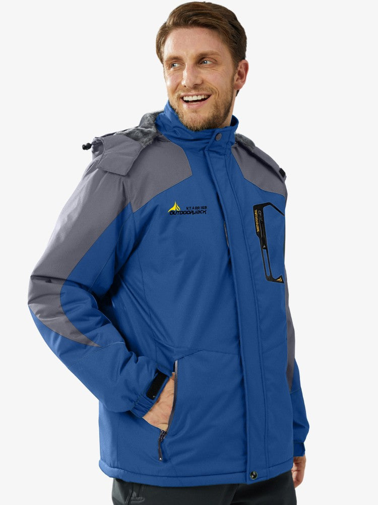 Men's ski jacket with a plush lining, a hood and zipped pockets - blue with grey