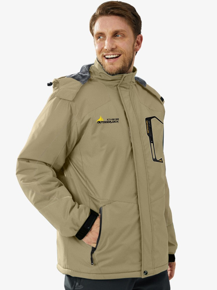 Men's ski jacket with a plush lining, a hood and zipped pockets - khaki