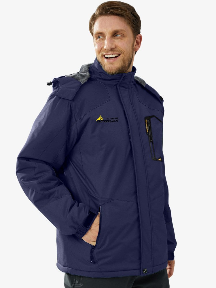 Men's ski jacket with a plush lining, a hood and zipped pockets - navy